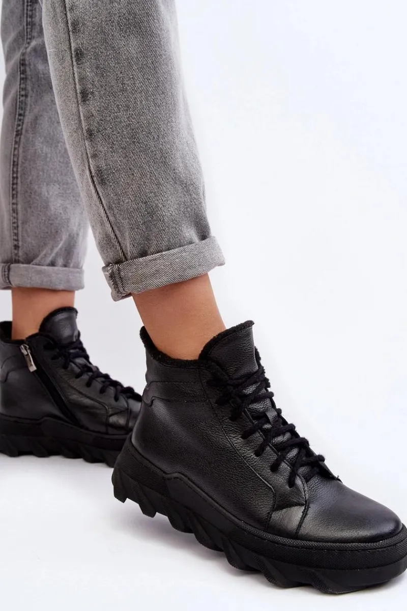 Clearance Boto Ocieplane Skórzane Botki Damskie Na Platformie Czarne Lemar Jevette