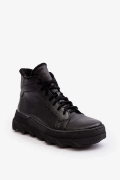 Clearance Boto Ocieplane Skórzane Botki Damskie Na Platformie Czarne Lemar Jevette