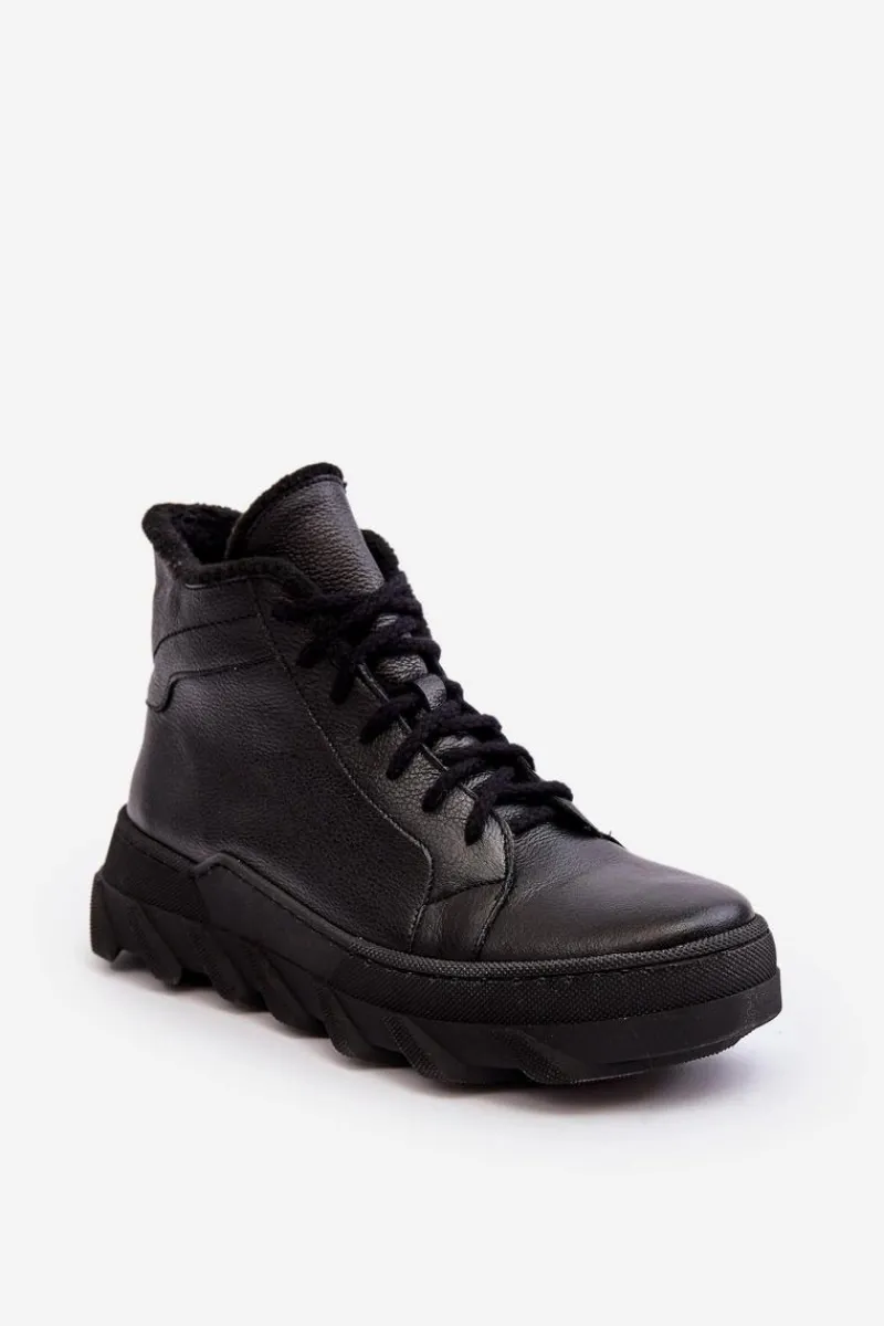 Clearance Boto Ocieplane Skórzane Botki Damskie Na Platformie Czarne Lemar Jevette