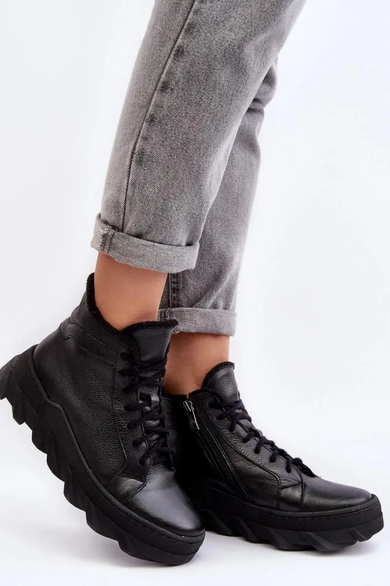 Clearance Boto Ocieplane Skórzane Botki Damskie Na Platformie Czarne Lemar Jevette