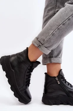 Clearance Boto Ocieplane Skórzane Botki Damskie Na Platformie Czarne Lemar Jevette