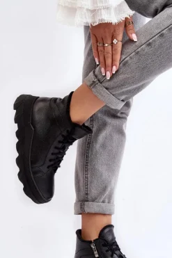 Clearance Boto Ocieplane Skórzane Botki Damskie Na Platformie Czarne Lemar Jevette