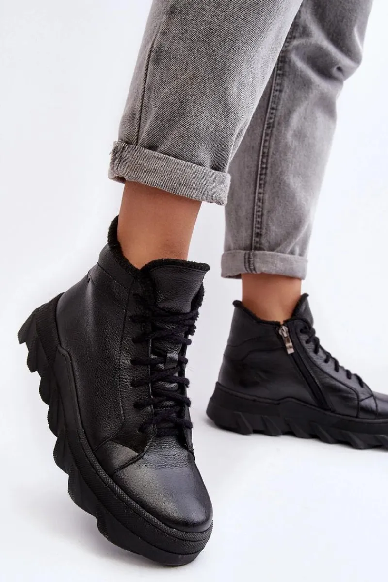 Clearance Boto Ocieplane Skórzane Botki Damskie Na Platformie Czarne Lemar Jevette