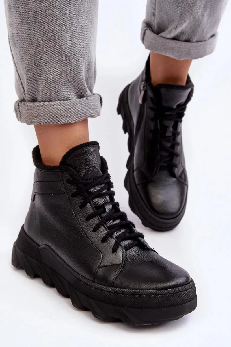 Clearance Boto Ocieplane Skórzane Botki Damskie Na Platformie Czarne Lemar Jevette