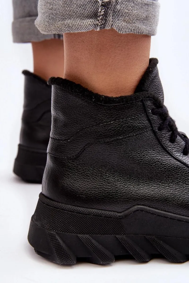 Clearance Boto Ocieplane Skórzane Botki Damskie Na Platformie Czarne Lemar Jevette