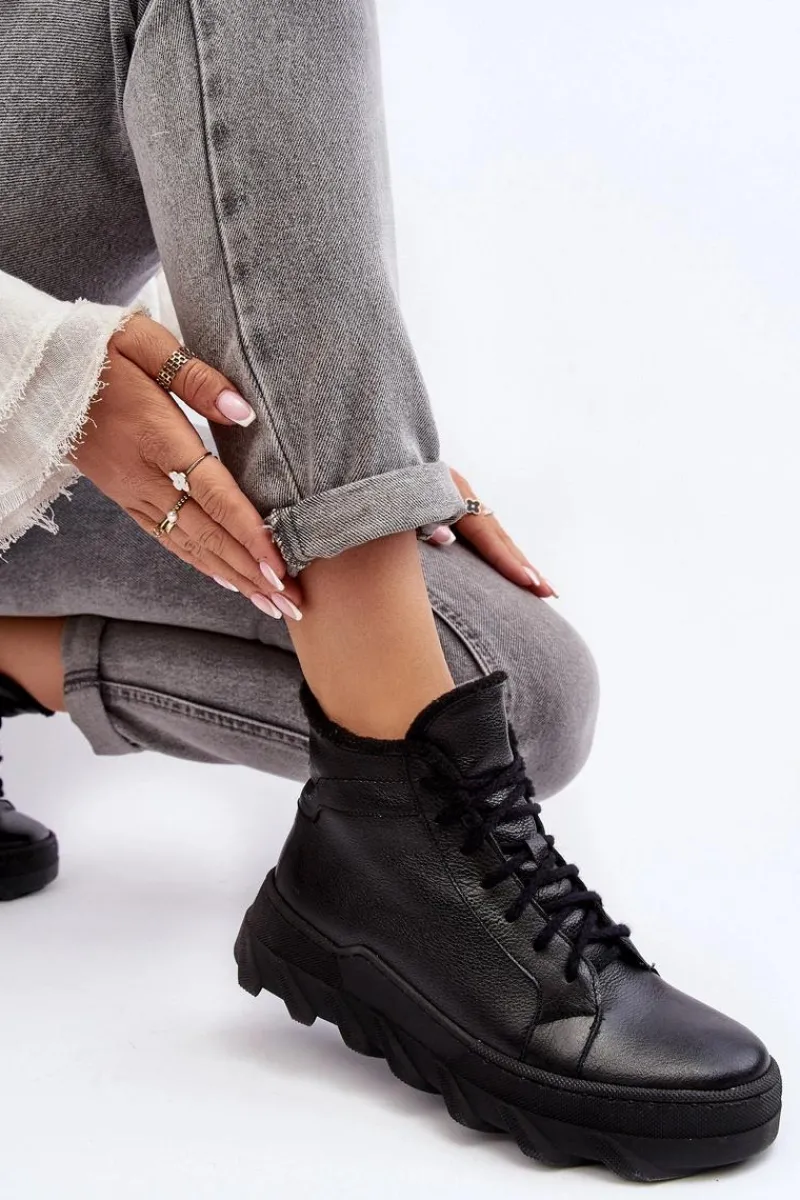 Clearance Boto Ocieplane Skórzane Botki Damskie Na Platformie Czarne Lemar Jevette