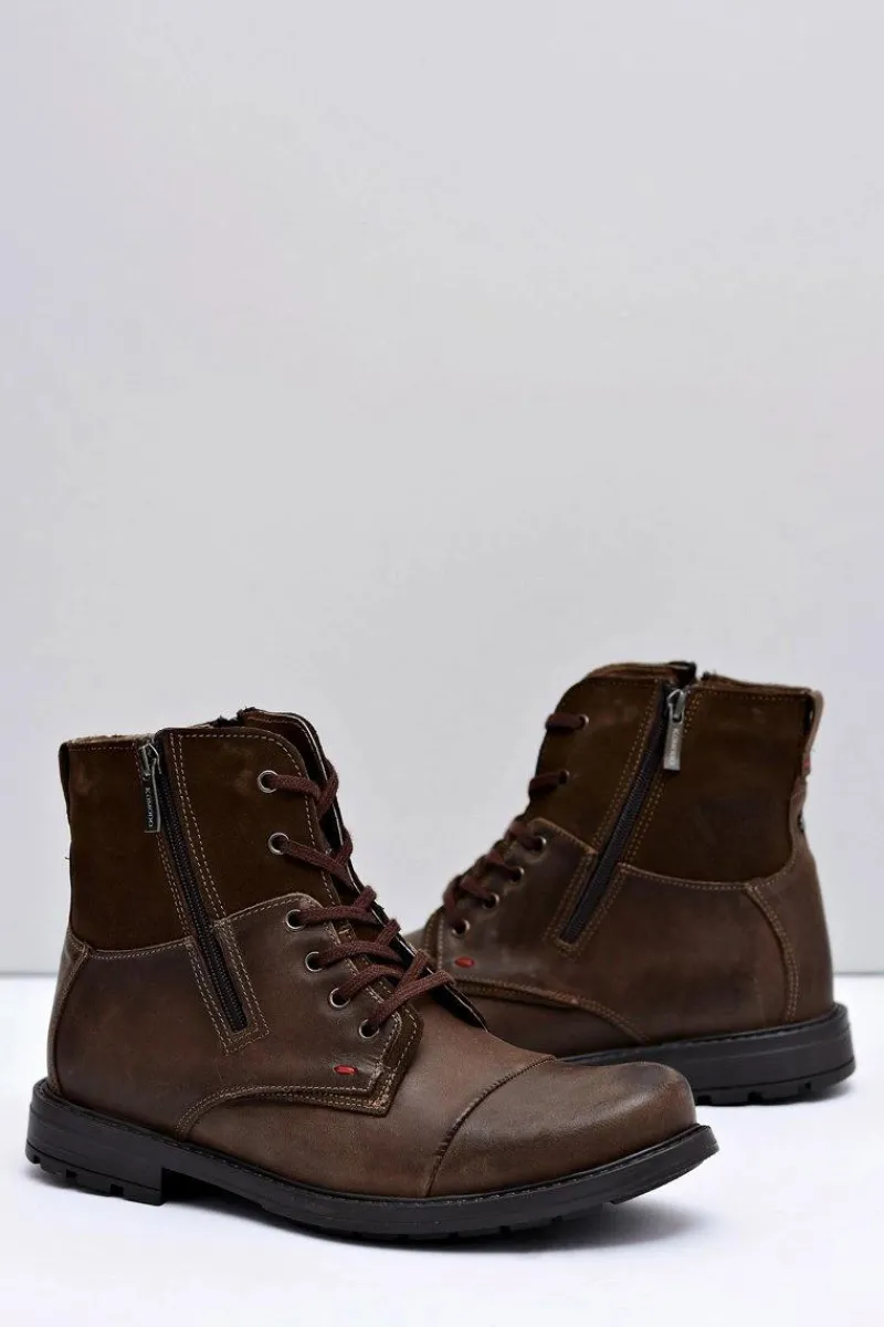 Botki Męskie>Boto Ocieplane Skórzane Botki Męskie Z Zamkami Brązowe KOMODO 871