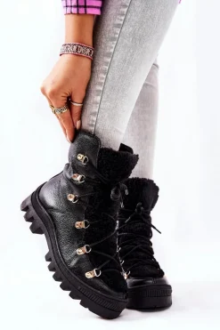 Damskie Trapery|Botki Sznurowane>Boto Ocieplane Skórzane Botki Trapery Czarne Cateline