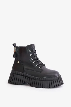 New Ocieplane Skórzane Botki Trapery Na Masywnej Podeszwie OO2N4126 Czarne Damskie Botki Ocieplane|Damskie Trapery