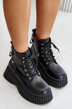 New Ocieplane Skórzane Botki Trapery Na Masywnej Podeszwie OO2N4126 Czarne Damskie Botki Ocieplane|Damskie Trapery