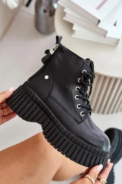 New Ocieplane Skórzane Botki Trapery Na Masywnej Podeszwie OO2N4126 Czarne Damskie Botki Ocieplane|Damskie Trapery