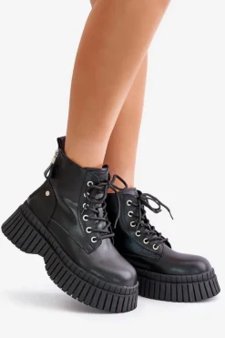 New Ocieplane Skórzane Botki Trapery Na Masywnej Podeszwie OO2N4126 Czarne Damskie Botki Ocieplane|Damskie Trapery