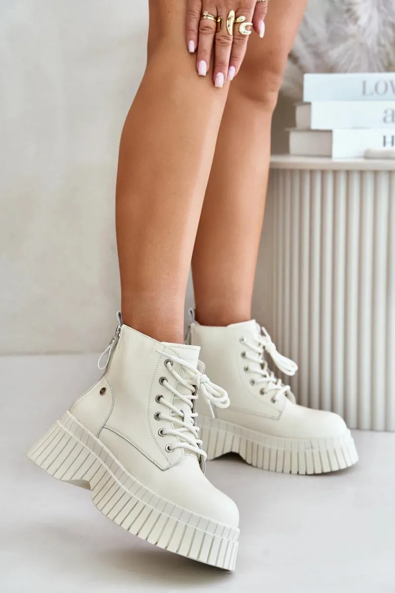 Best GOE Ocieplane Skórzane Botki Trapery Na Masywnej Podeszwie OO2N4127Jasnobeżowe Beżowy