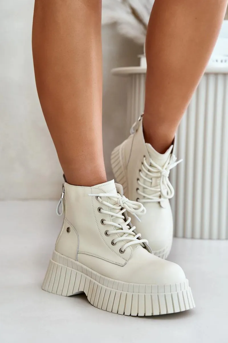 Best GOE Ocieplane Skórzane Botki Trapery Na Masywnej Podeszwie OO2N4127Jasnobeżowe Beżowy