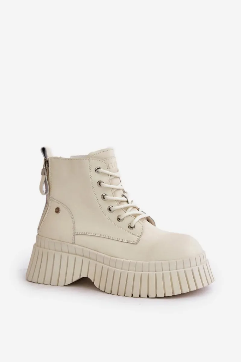 Best GOE Ocieplane Skórzane Botki Trapery Na Masywnej Podeszwie OO2N4127Jasnobeżowe Beżowy