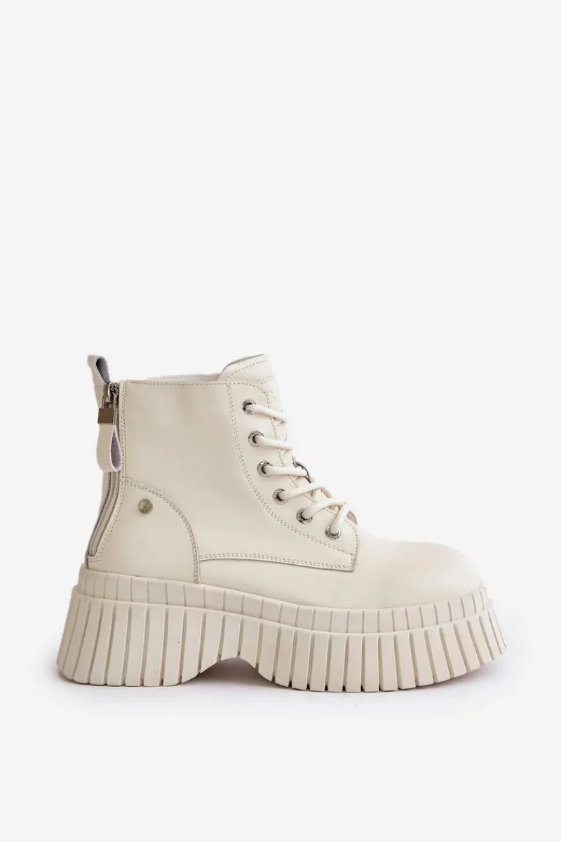 Best GOE Ocieplane Skórzane Botki Trapery Na Masywnej Podeszwie OO2N4127Jasnobeżowe Beżowy