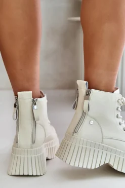 Best GOE Ocieplane Skórzane Botki Trapery Na Masywnej Podeszwie OO2N4127Jasnobeżowe Beżowy