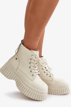 Best GOE Ocieplane Skórzane Botki Trapery Na Masywnej Podeszwie OO2N4127Jasnobeżowe Beżowy