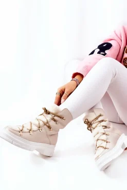 Clearance Boto Ocieplane Skórzane Botki Trapery Jasnobeżowe Nerisso Beżowy