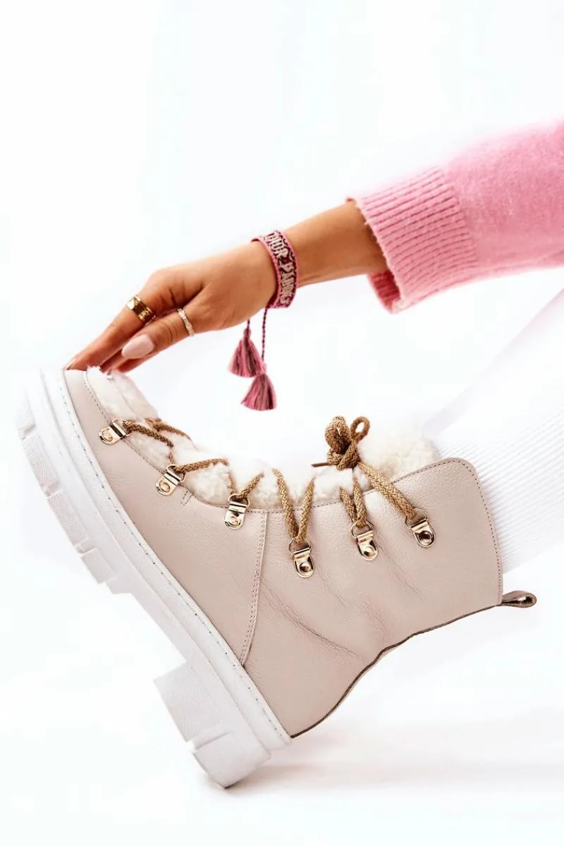 Clearance Boto Ocieplane Skórzane Botki Trapery Jasnobeżowe Nerisso Beżowy