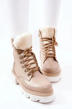 Clearance Boto Ocieplane Skórzane Botki Workery Beżowe Lecolly