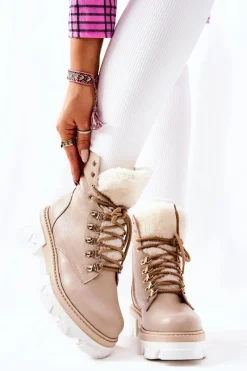 Clearance Boto Ocieplane Skórzane Botki Workery Beżowe Lecolly