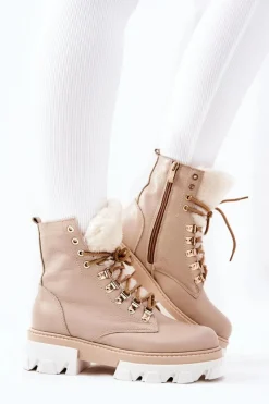 Clearance Boto Ocieplane Skórzane Botki Workery Beżowe Lecolly