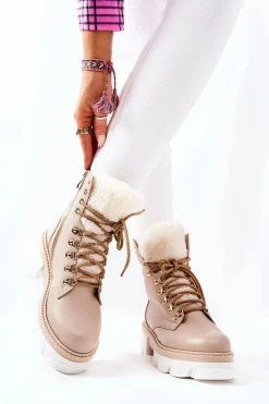 Clearance Boto Ocieplane Skórzane Botki Workery Beżowe Lecolly
