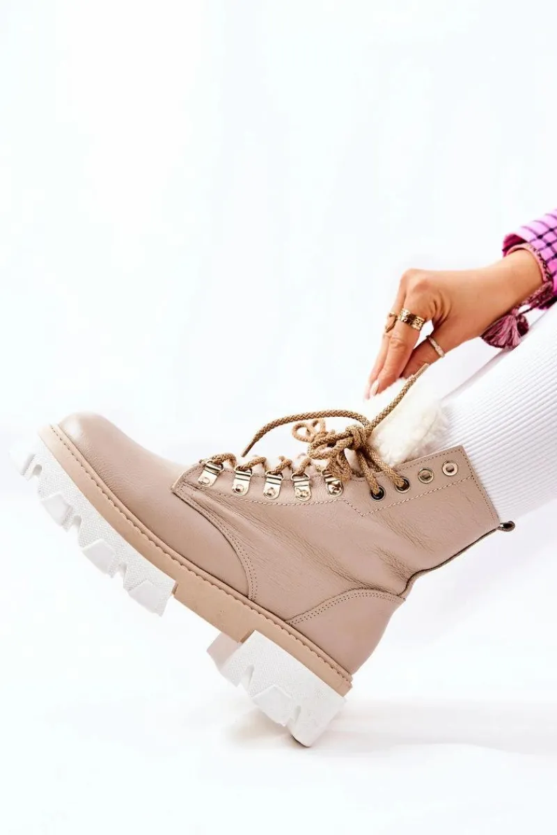 Clearance Boto Ocieplane Skórzane Botki Workery Beżowe Lecolly