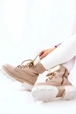 Clearance Boto Ocieplane Skórzane Botki Workery Beżowe Lecolly