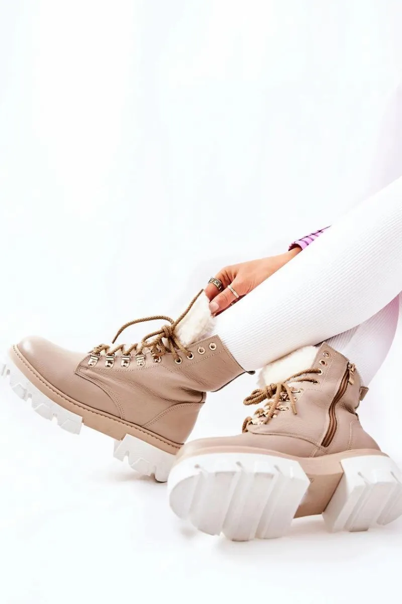 Clearance Boto Ocieplane Skórzane Botki Workery Beżowe Lecolly