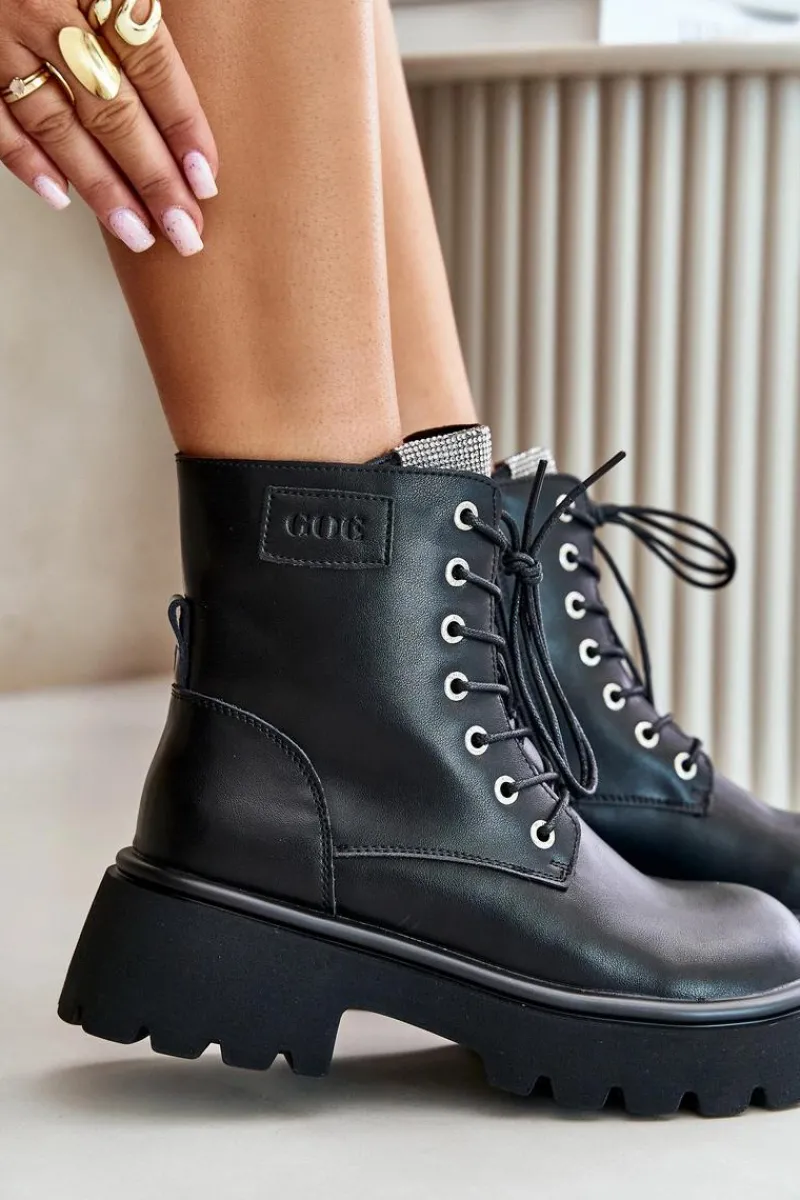 Clearance Ocieplane Skórzane Botki Workery Damskie Z Cyrkoniami OO2N4125 Czarne Damskie Botki Ocieplane|Czarne Botki