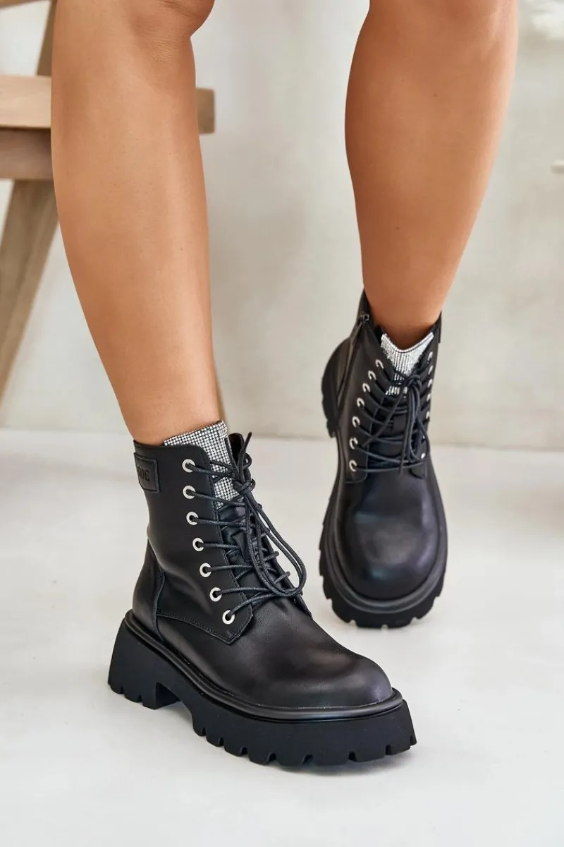 Clearance Ocieplane Skórzane Botki Workery Damskie Z Cyrkoniami OO2N4125 Czarne Damskie Botki Ocieplane|Czarne Botki