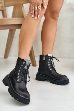 Clearance Ocieplane Skórzane Botki Workery Damskie Z Cyrkoniami OO2N4125 Czarne Damskie Botki Ocieplane|Czarne Botki