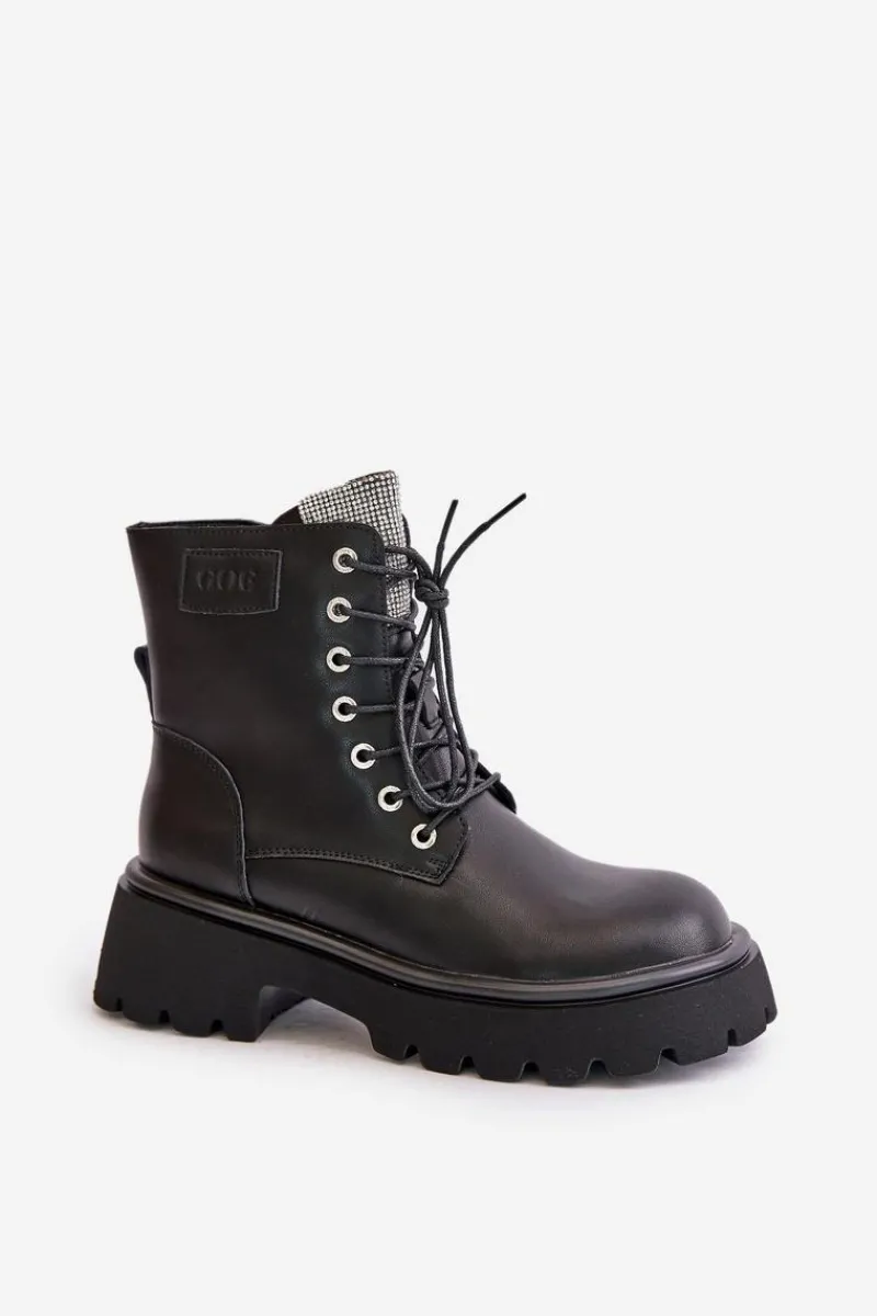 Clearance Ocieplane Skórzane Botki Workery Damskie Z Cyrkoniami OO2N4125 Czarne Damskie Botki Ocieplane|Czarne Botki