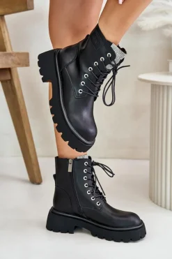 Clearance Ocieplane Skórzane Botki Workery Damskie Z Cyrkoniami OO2N4125 Czarne Damskie Botki Ocieplane|Czarne Botki