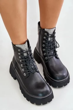 Clearance Ocieplane Skórzane Botki Workery Damskie Z Cyrkoniami OO2N4125 Czarne Damskie Botki Ocieplane|Czarne Botki