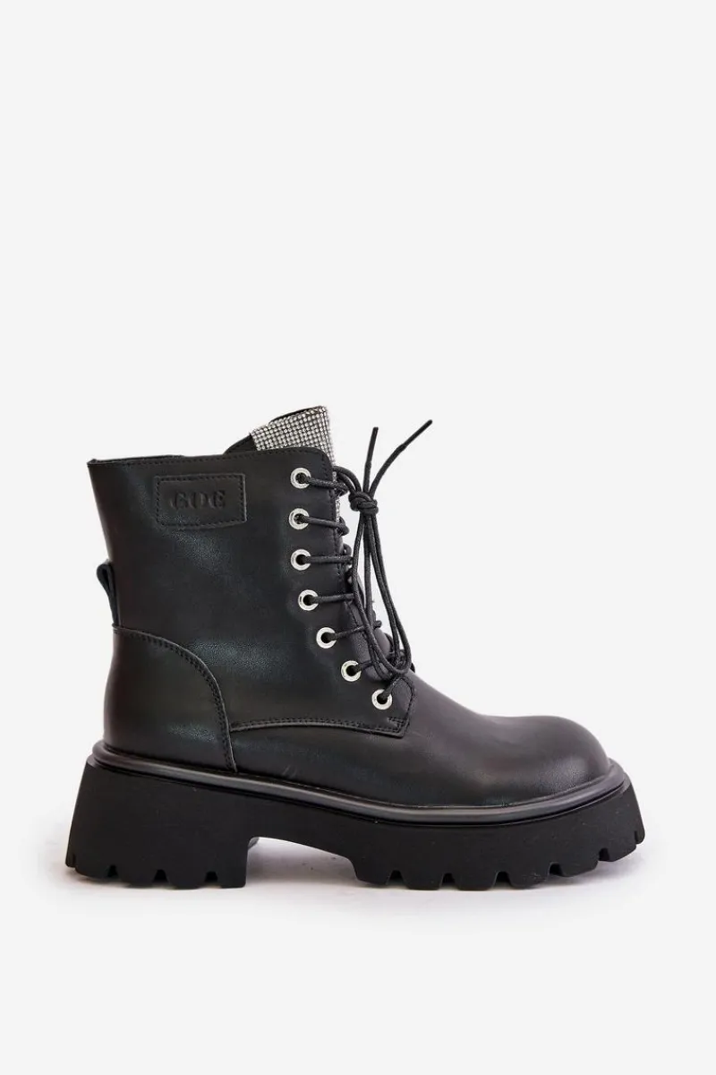 Clearance Ocieplane Skórzane Botki Workery Damskie Z Cyrkoniami OO2N4125 Czarne Damskie Botki Ocieplane|Czarne Botki