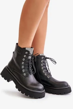 Clearance Ocieplane Skórzane Botki Workery Damskie Z Cyrkoniami OO2N4125 Czarne Damskie Botki Ocieplane|Czarne Botki