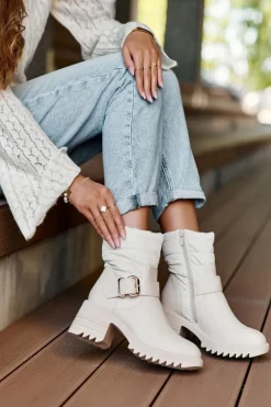 Best Boto Ocieplane Skórzane Botki Z Klamrą Beżowe Osonia