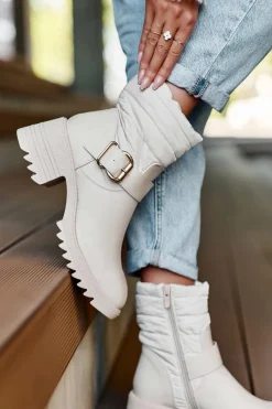 Best Boto Ocieplane Skórzane Botki Z Klamrą Beżowe Osonia