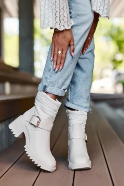 Best Boto Ocieplane Skórzane Botki Z Klamrą Beżowe Osonia