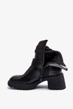 Hot Ocieplane Skórzane Botki Z Klamrą Czarne Osonia Damskie Botki Ocieplane|Czarne Botki