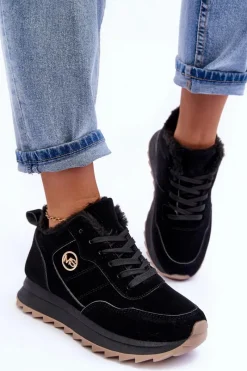 Best Ocieplane Skórzane Buty Sportowe Na Platformie Czarne Adite Damskie Sneakersy Damskie