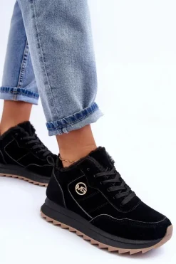 Best Ocieplane Skórzane Buty Sportowe Na Platformie Czarne Adite Damskie Sneakersy Damskie