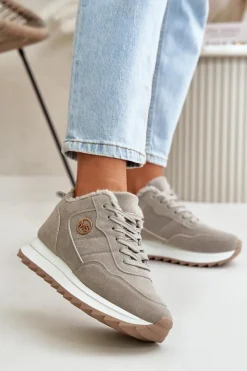 Clearance Boto Ocieplane Skórzane Buty Sportowe Na Platformie Szare Adite