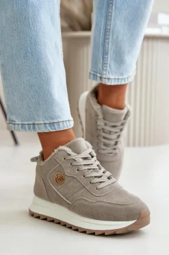 Clearance Boto Ocieplane Skórzane Buty Sportowe Na Platformie Szare Adite