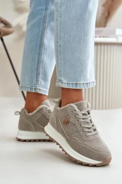 Clearance Boto Ocieplane Skórzane Buty Sportowe Na Platformie Szare Adite