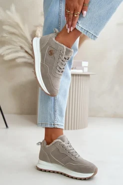 Clearance Boto Ocieplane Skórzane Buty Sportowe Na Platformie Szare Adite