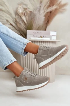 Clearance Boto Ocieplane Skórzane Buty Sportowe Na Platformie Szare Adite